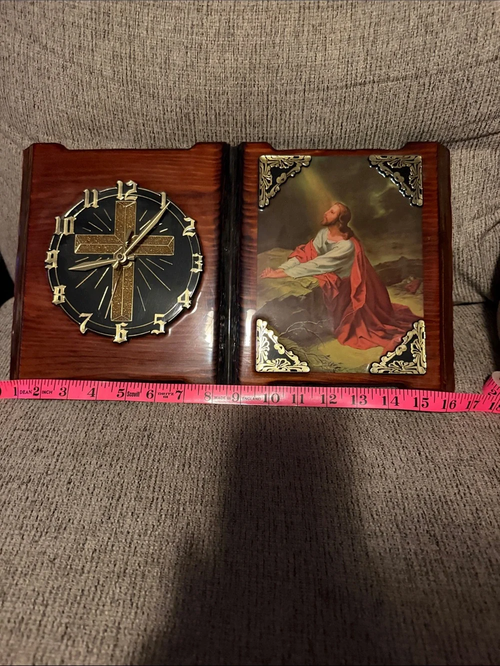 Gorgeous Vintage Religious Wall Clock Plaque in Brown with Gold Accents